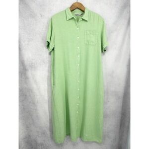 Vintage Sunbelt Green 100% Linen Short Sleeve Button Maxi Shirt Dress Size XL